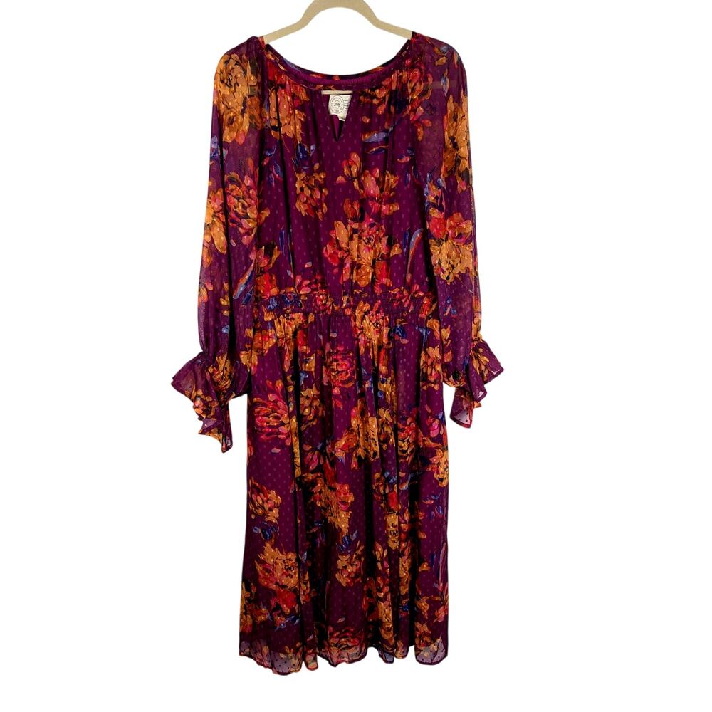 Destination 365 Floral Clip Dot Chiffon Maxi Dress Size L Purple Smocked Waist